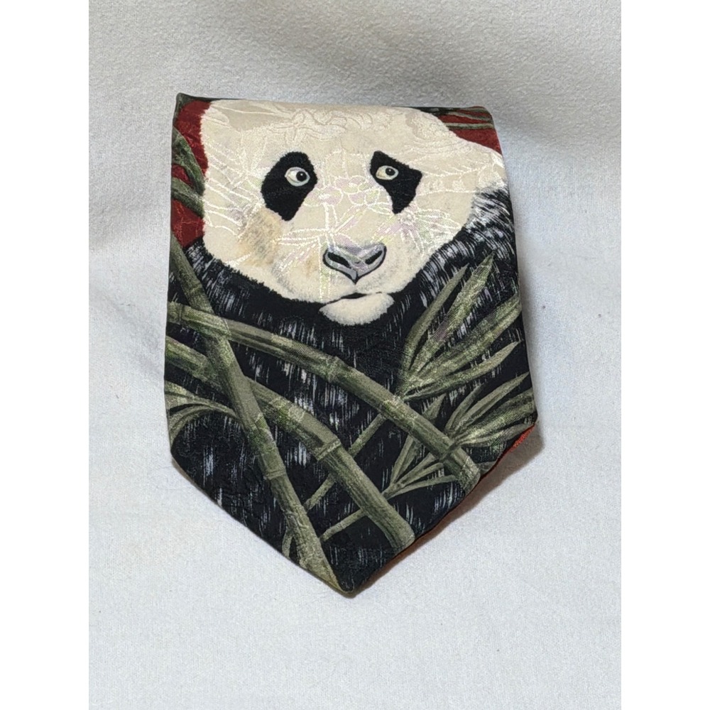 Marc Dennis Panda Luncheon Endangered Species Silk Tie 1995 Burgundy Vintage